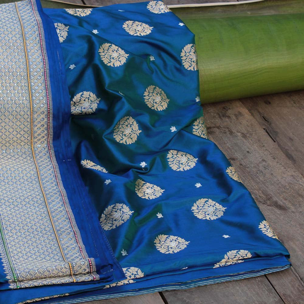 Blue-Green Pure Katan Silk Banarasi Handloom Saree - Tilfi