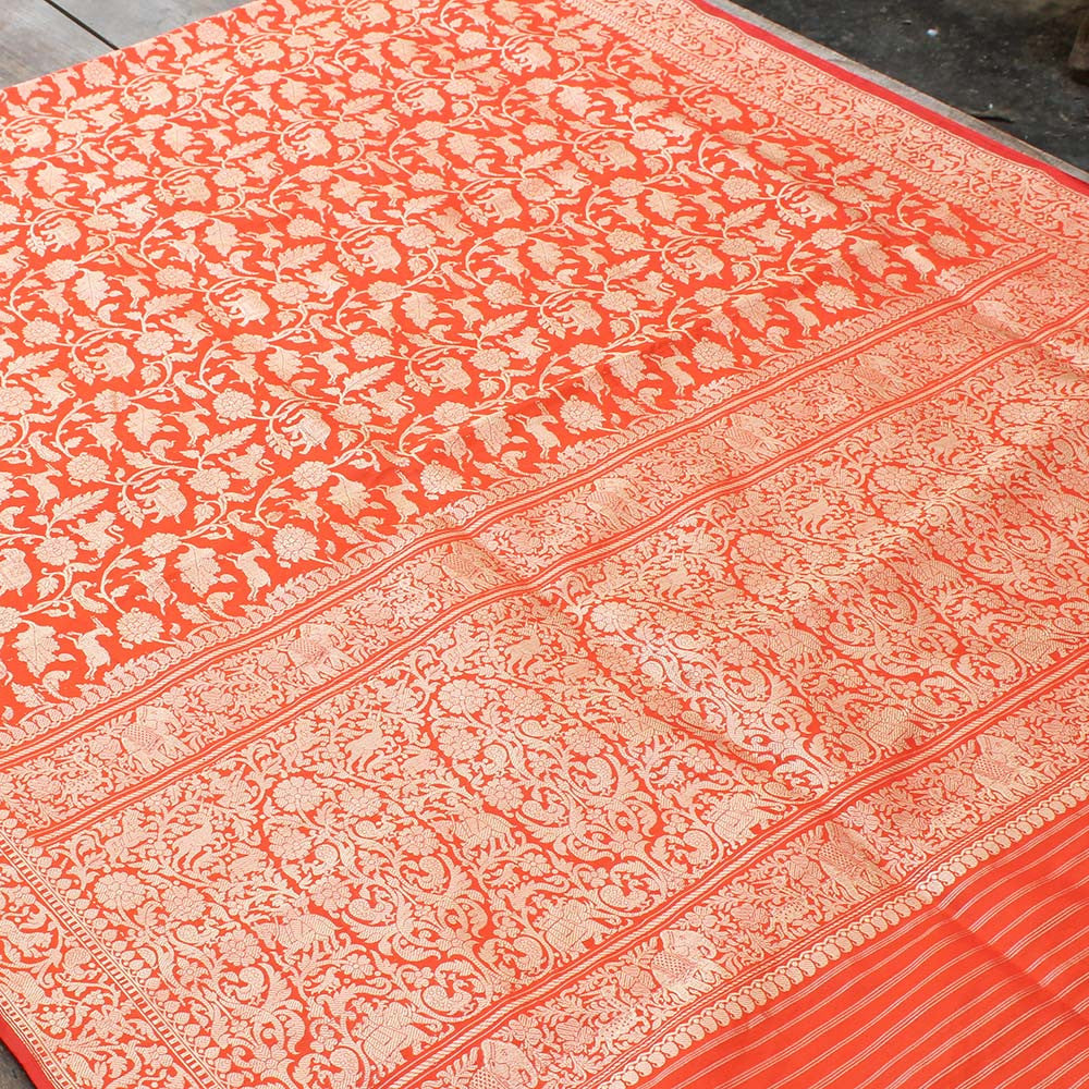 Orange Pure Katan Silk Banarasi Handloom Saree - Tilfi