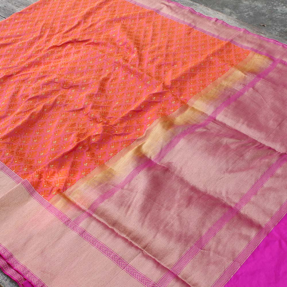 Orange-Gulabi Pink Pure Katan Silk Banarasi Handloom Saree