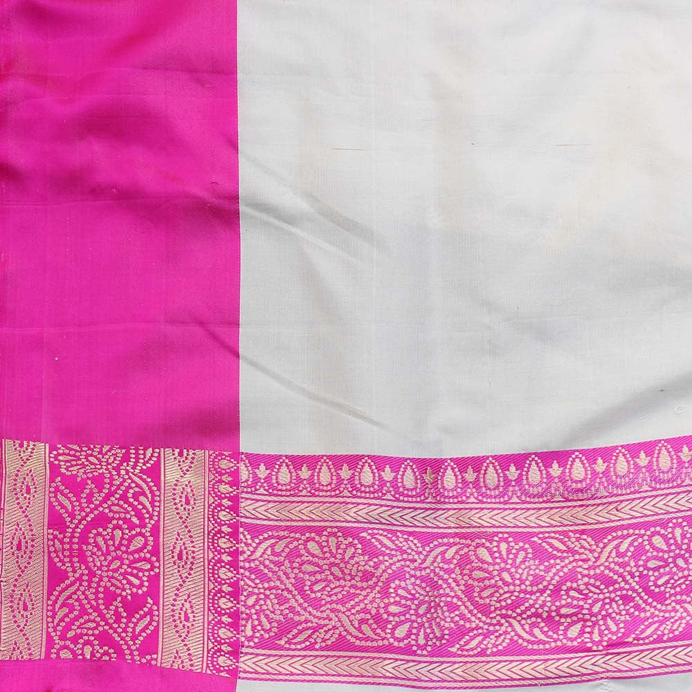 Off-White-Gulabi Pink Pure Soft Satin Silk Banarasi Handloom Saree