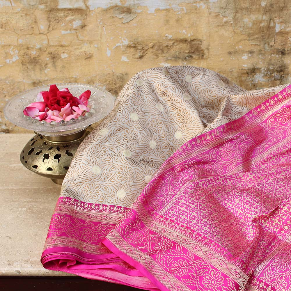 Off-White-Gulabi Pink Pure Soft Satin Silk Banarasi Handloom Saree