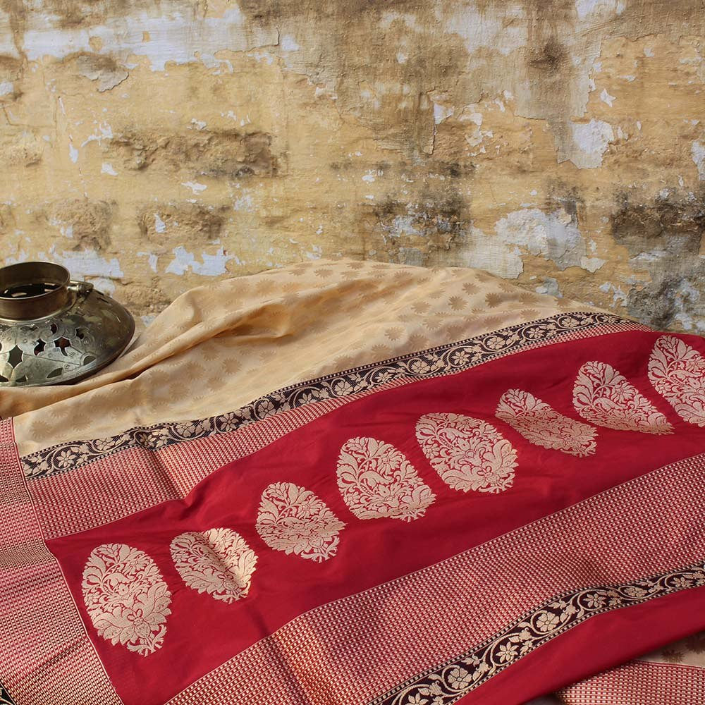 Tussar-Red Pure Katan Silk Banarasi Handloom Saree