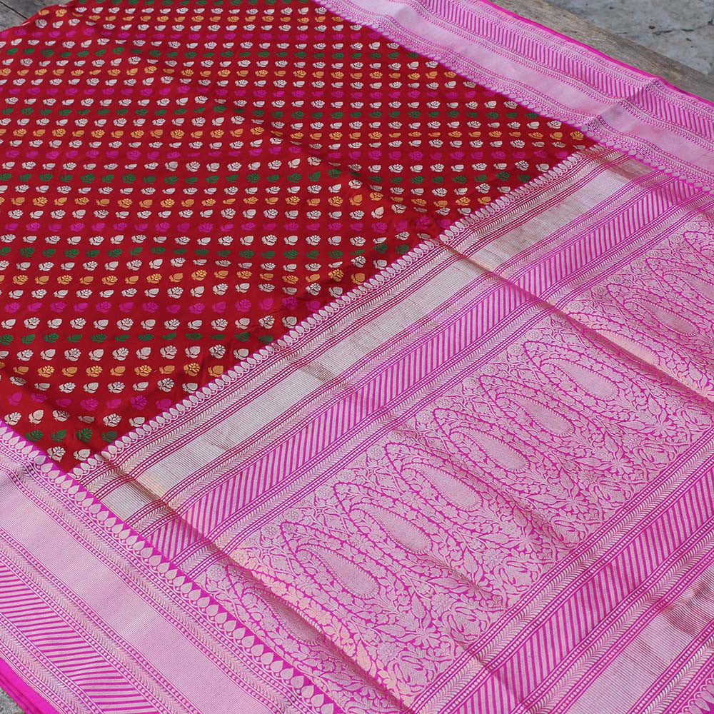 Deep Red-Gulabi Pink Pure Katan Silk Banarasi Handloom Saree