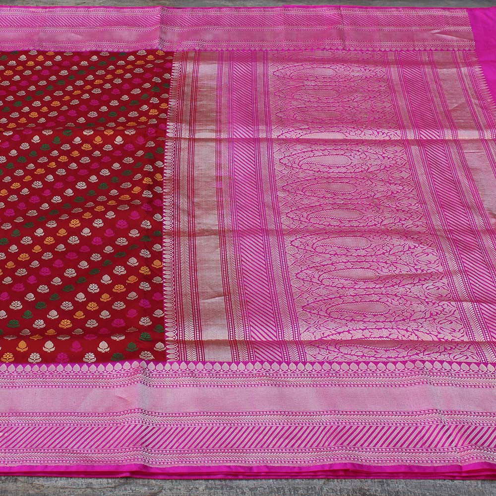 Deep Red-Gulabi Pink Pure Katan Silk Banarasi Handloom Saree