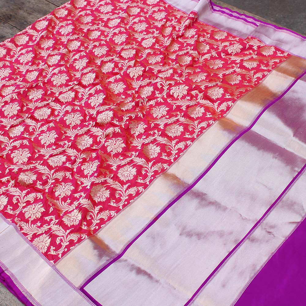 Orange-Rani Pink Pure Silk by Georgette Banarasi Handloom Saree