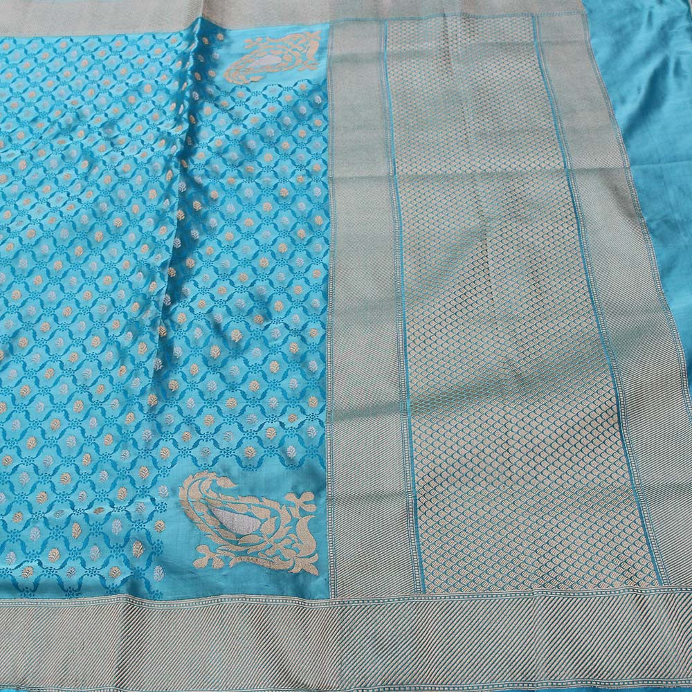 Ferozi Blue Pure Soft Satin Banarasi Handloom Saree