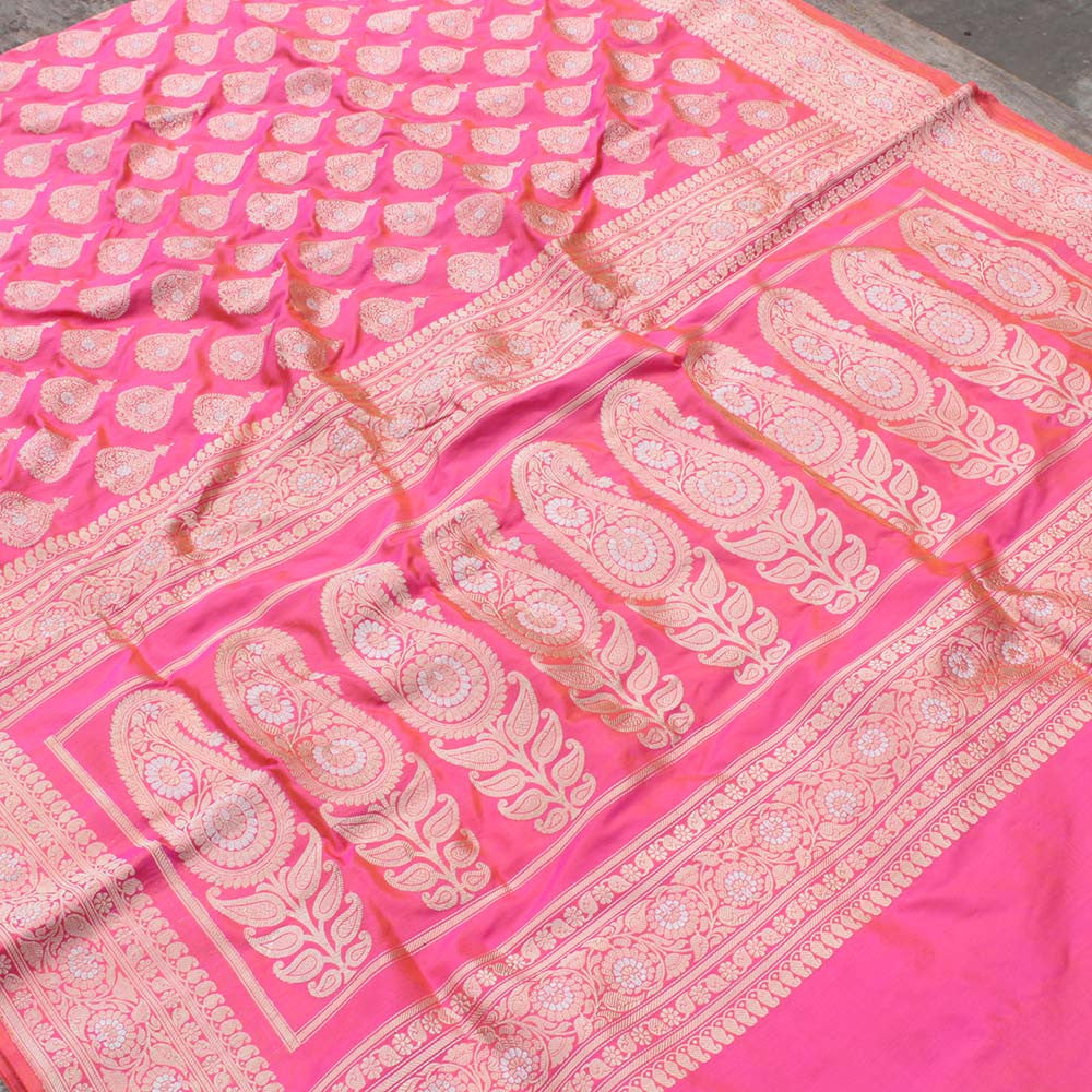 Orange-Gulabi Pink Pure Katan Silk Kadwa Banarasi Handloom Saree