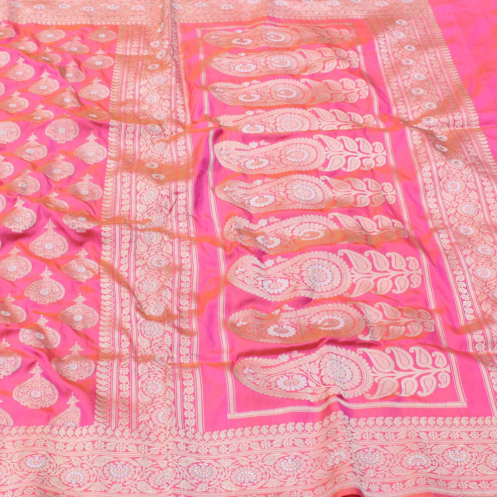 Orange-Gulabi Pink Pure Katan Silk Kadwa Banarasi Handloom Saree