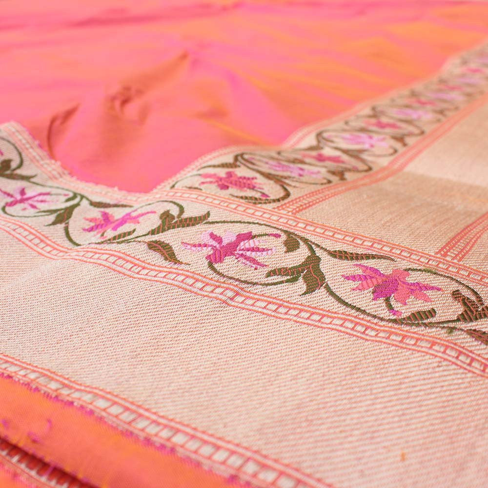 Orange-Gulabi Pink Pure Katan Silk Banarasi Paithani Handloom Saree