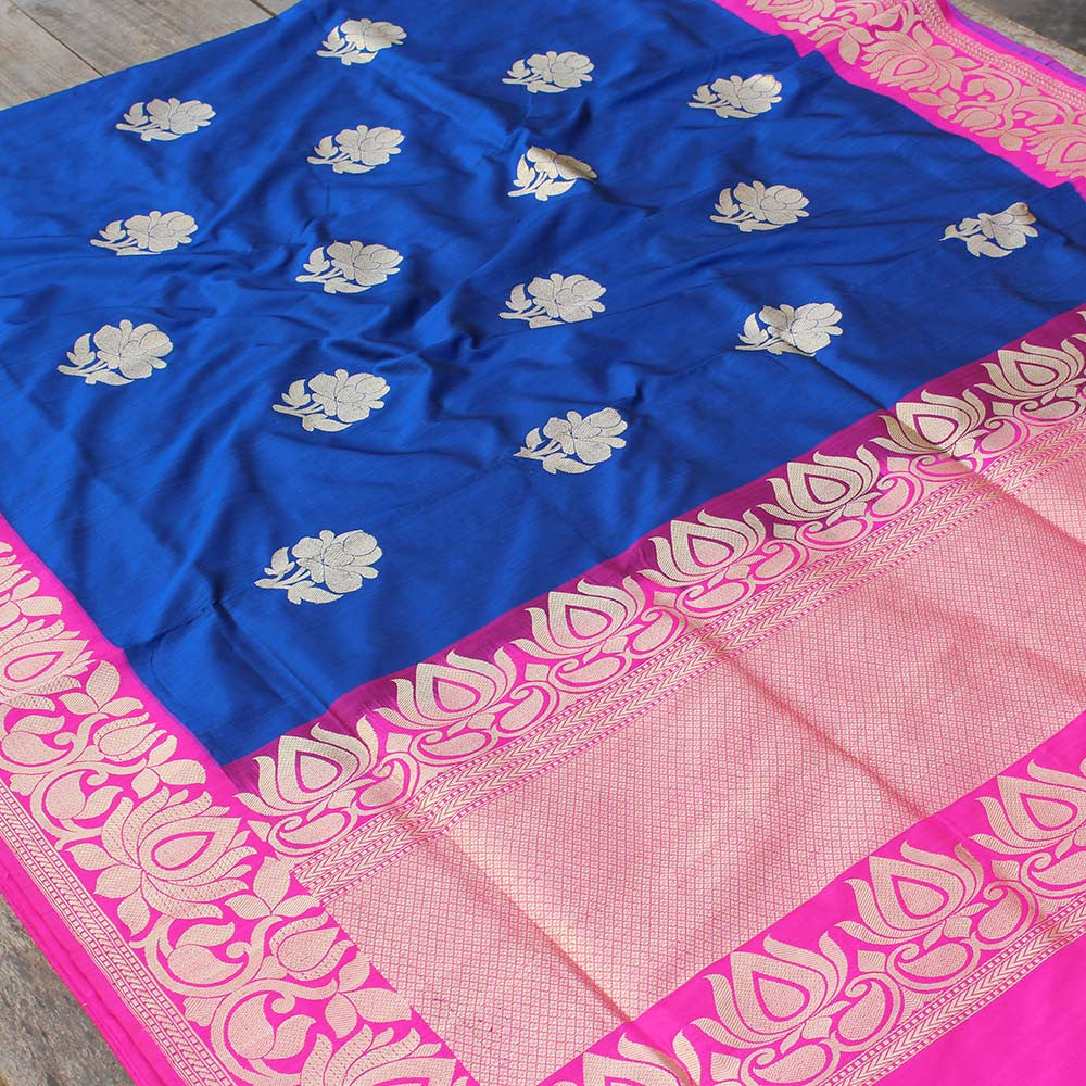 Royal Blue-Rani Pink Pure Katan Silk Banarasi Handloom Saree
