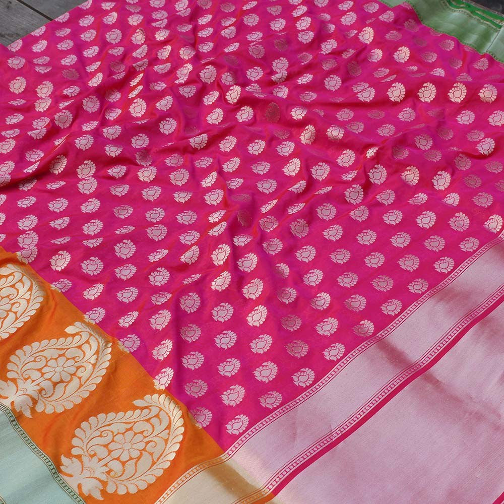 Pink-Orange Pure Silk Georgette Banarasi Handloom Saree
