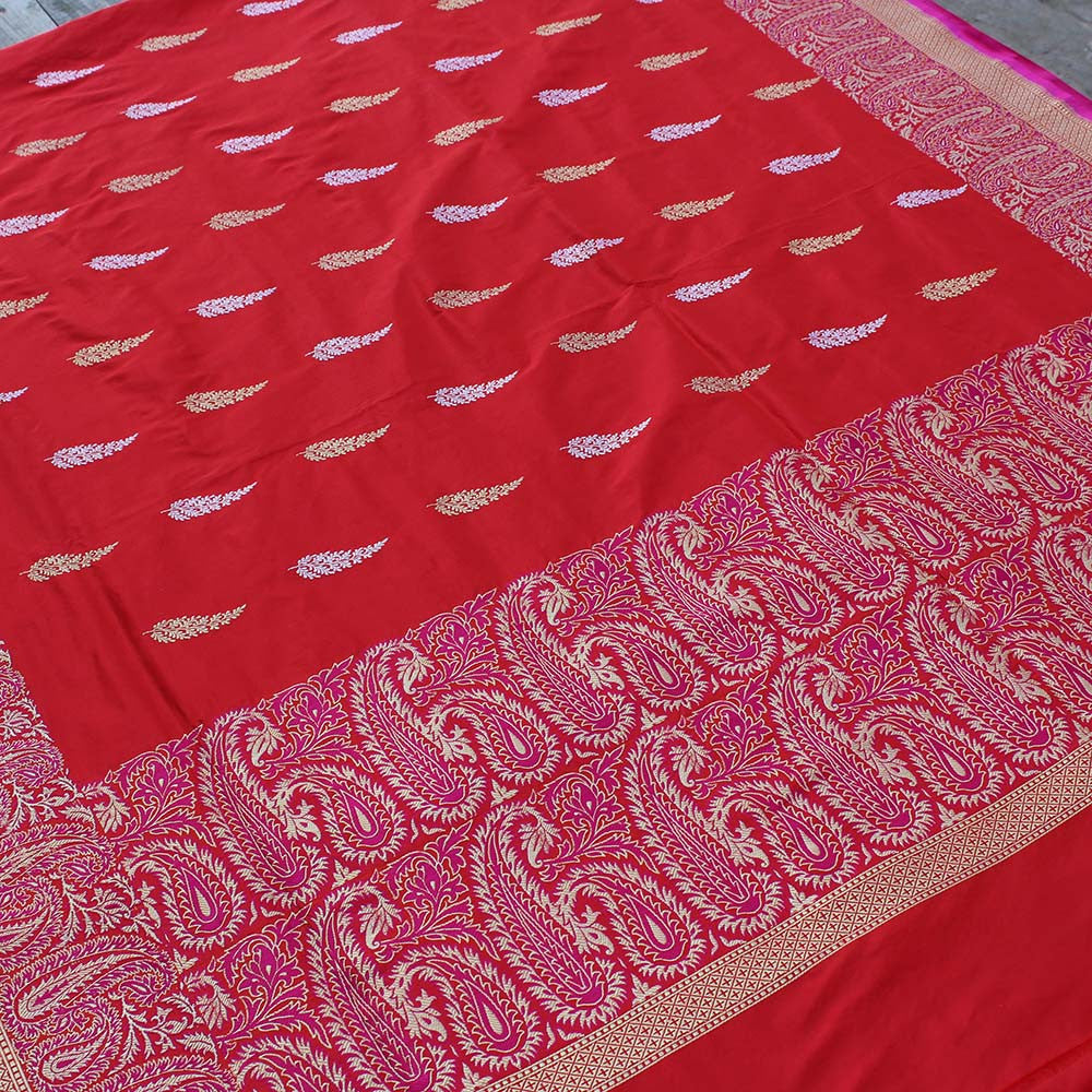 Red Pure Katan Silk Kadwa Banarasi Handloom Saree