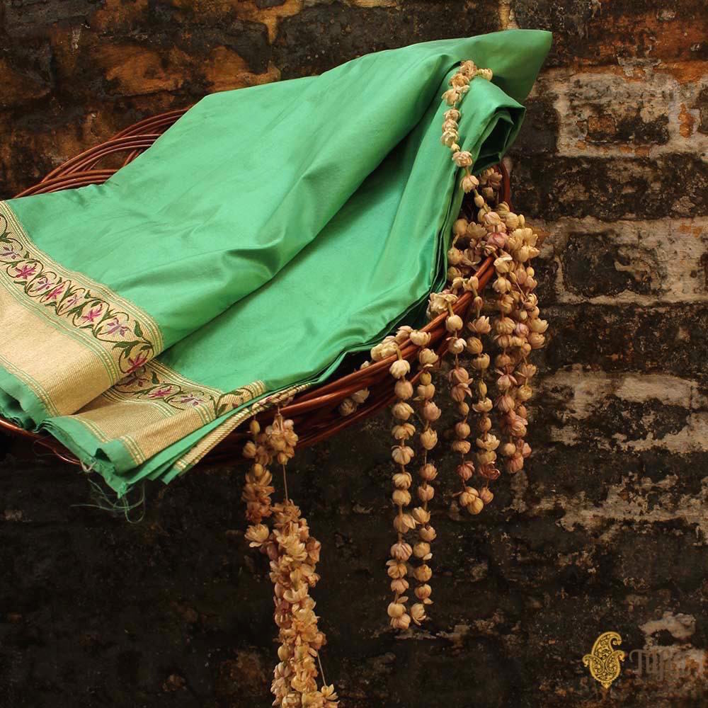 Turquoise Green Pure Katan Silk Banarasi Handloom Saree