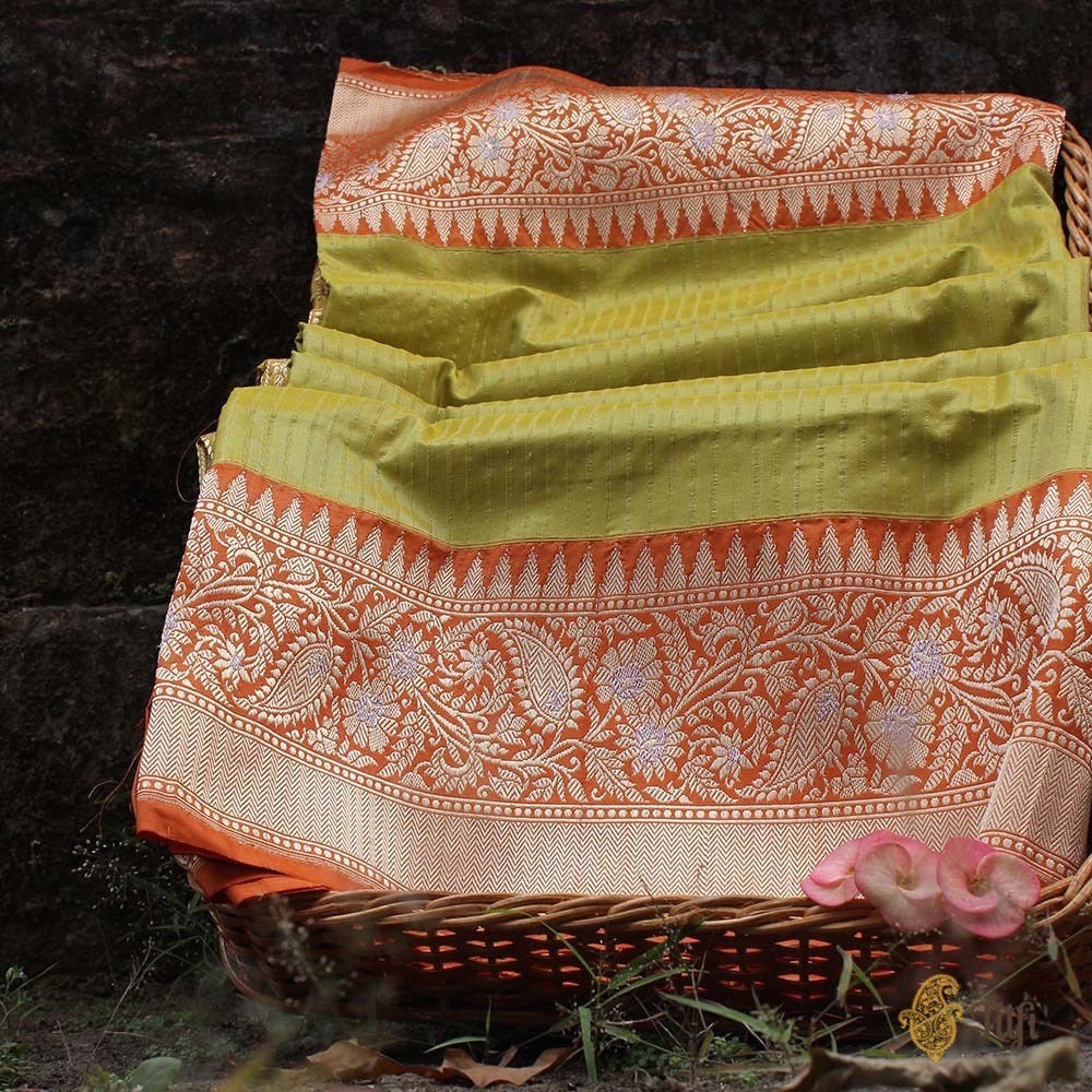 Lime Green-Orange Pure Katan Silk Banarasi Handloom Saree