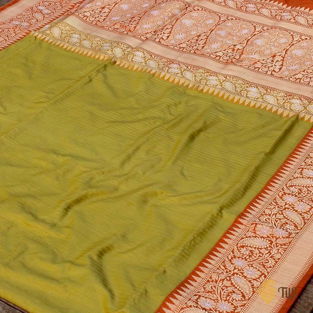 Lime Green-Orange Pure Katan Silk Banarasi Handloom Saree