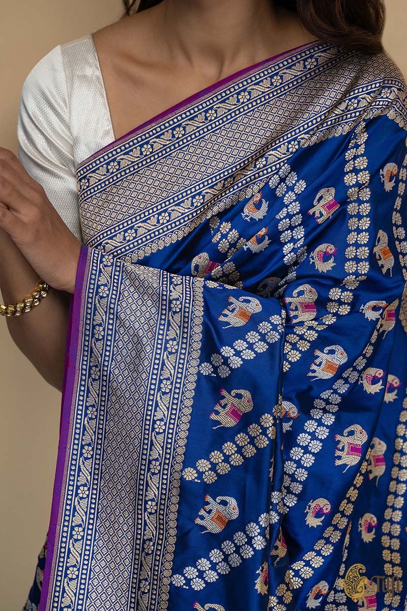 &#39;Malhar&#39; Midnight Blue Pure Katan Silk Shikaargah Banarasi Handloom Saree