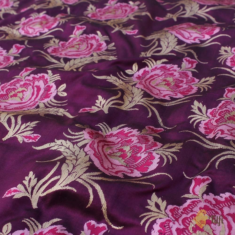 &#39;Bed of Roses&#39; Black-Magenta Pure Katan Silk Banarasi Floral Handloom Saree