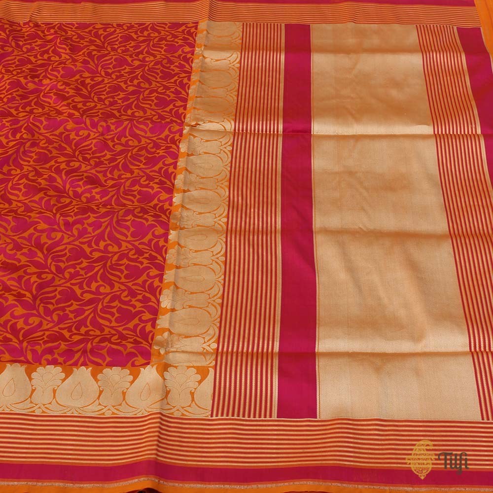 Orange-Rani Pink Pure Silk Georgette Banarasi Handloom Saree