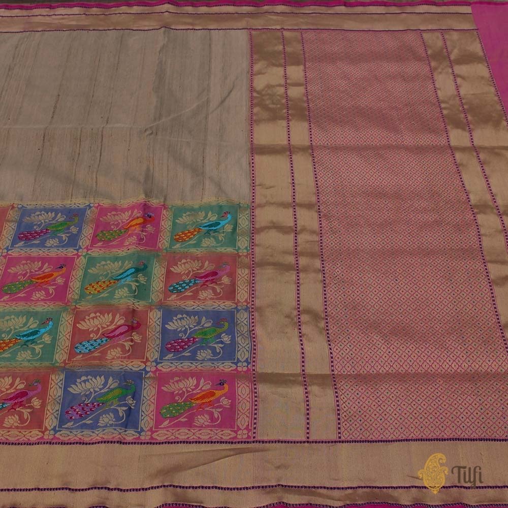 Beige Pure Tussar Silk Banarasi Handloom Saree