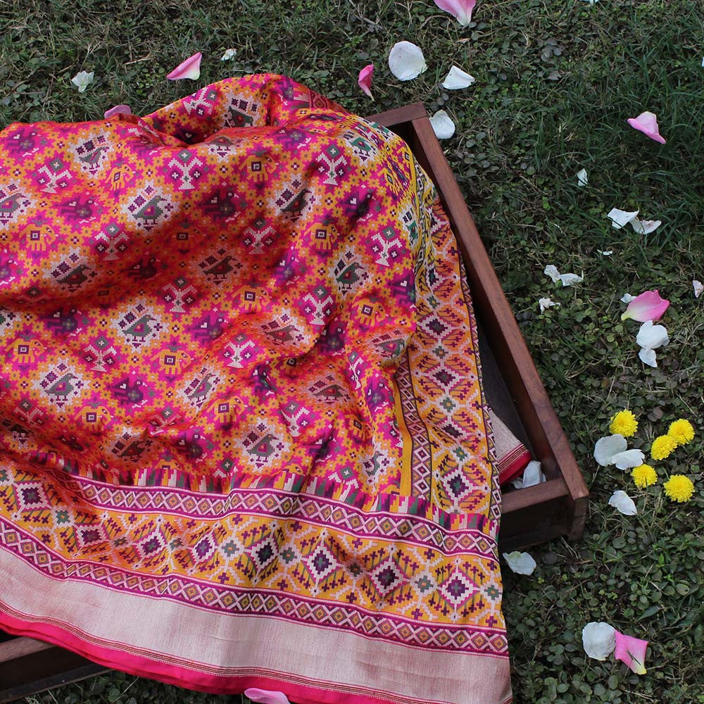Indian Pink-Red Pure Katan Silk Banarasi Handloom Patola Saree