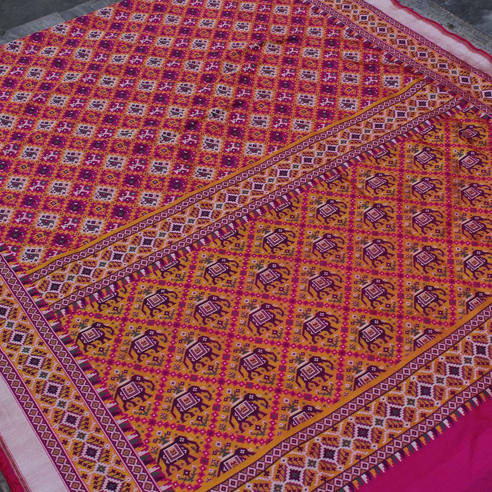 Indian Pink-Red Pure Katan Silk Banarasi Handloom Patola Saree