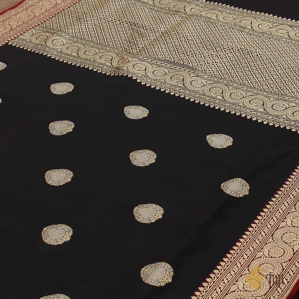 Black-Maroon Pure Katan Silk Handloom Banarasi Saree