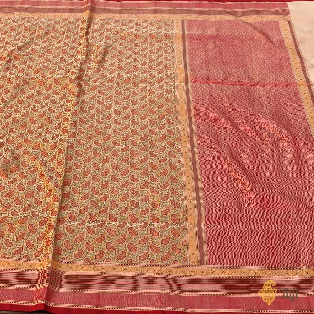 Beige Pure Soft Satin Silk Tanchoi Jamawar Banarasi Handloom Saree