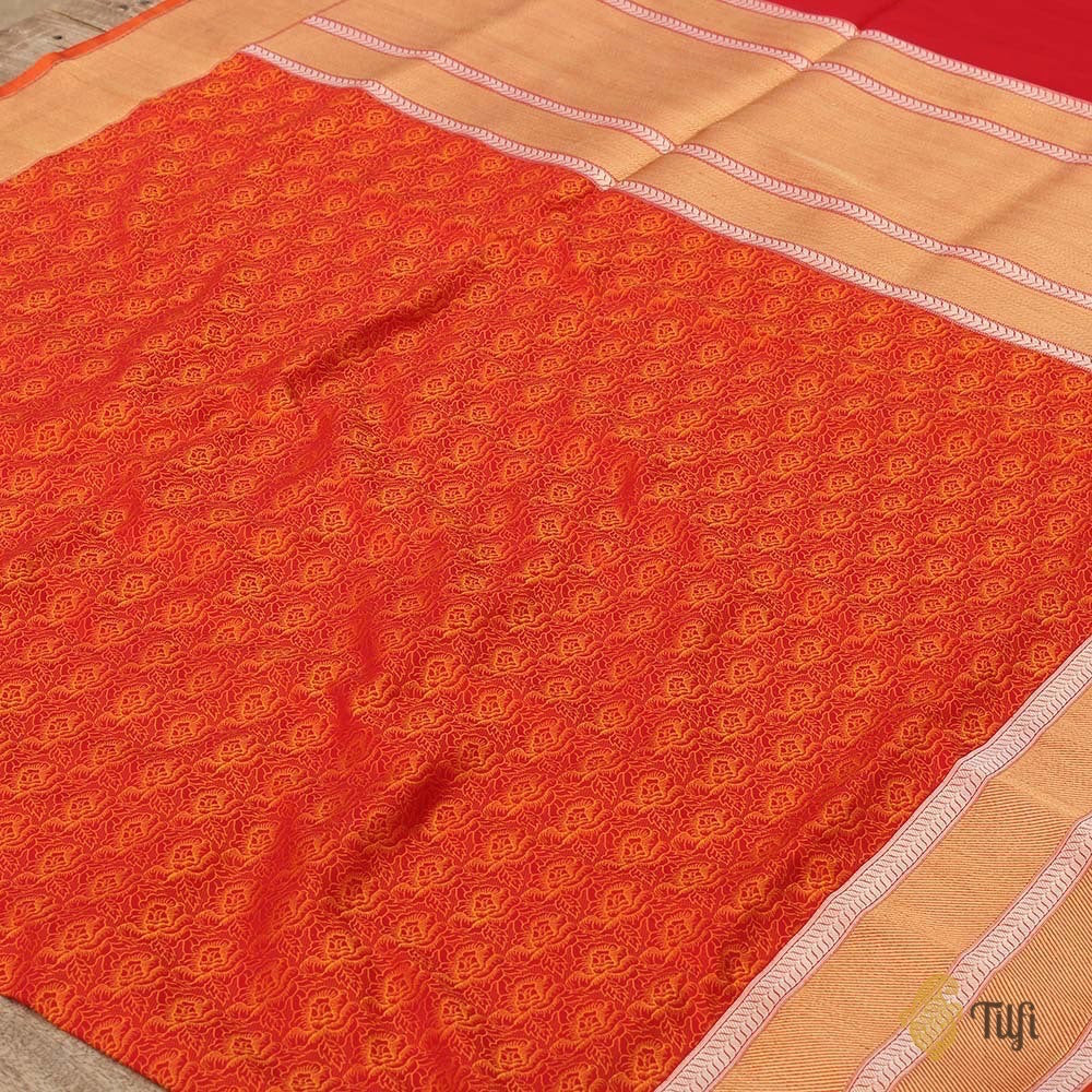 Orange-Red Pure Katan Silk Banarasi Handloom Saree