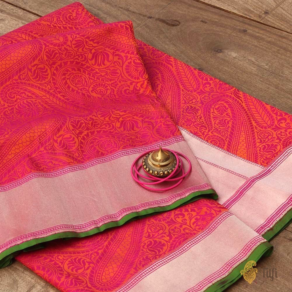 Orange-Indian Pink Pure Katan Silk Banarasi Handloom Saree