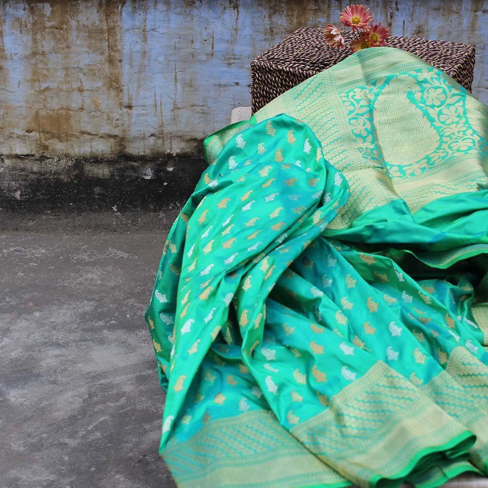 Turquoise Green Pure Katan Silk Banarasi Handloom Saree