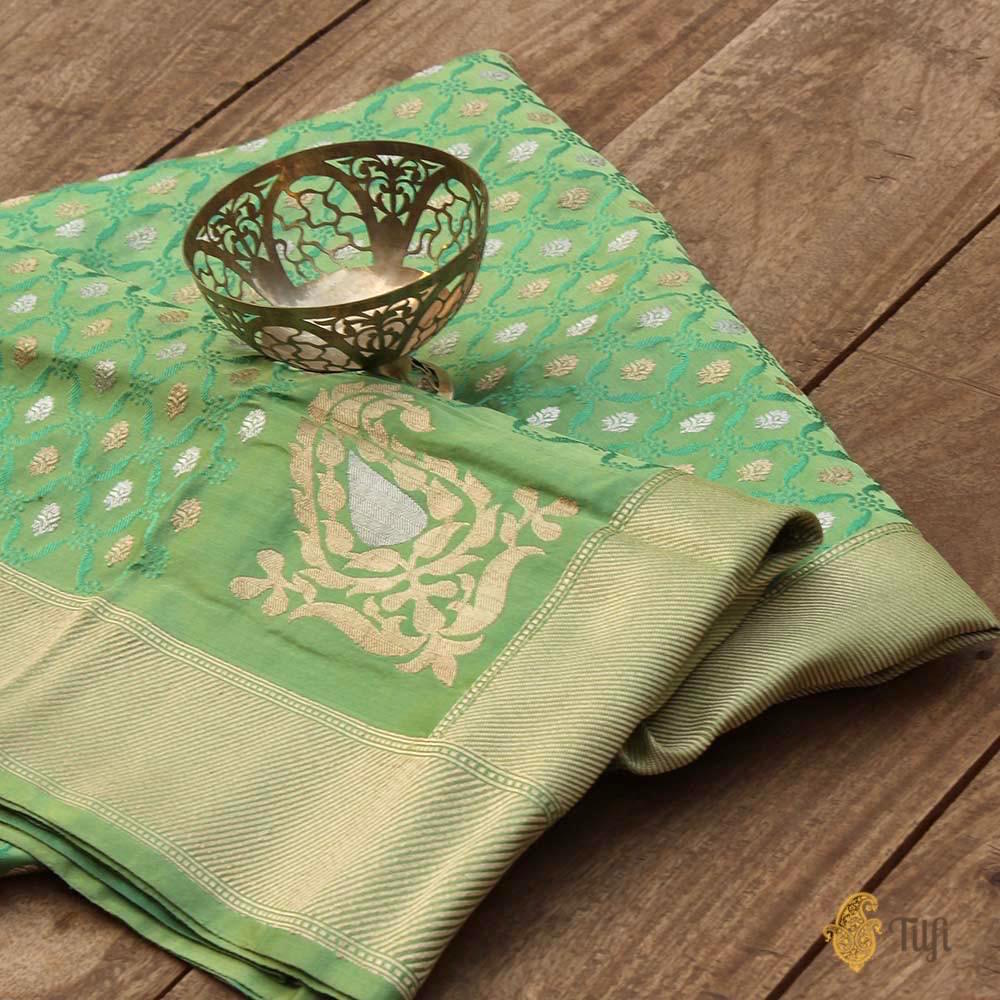Pista Green Pure Soft Satin Banarasi Handloom Saree