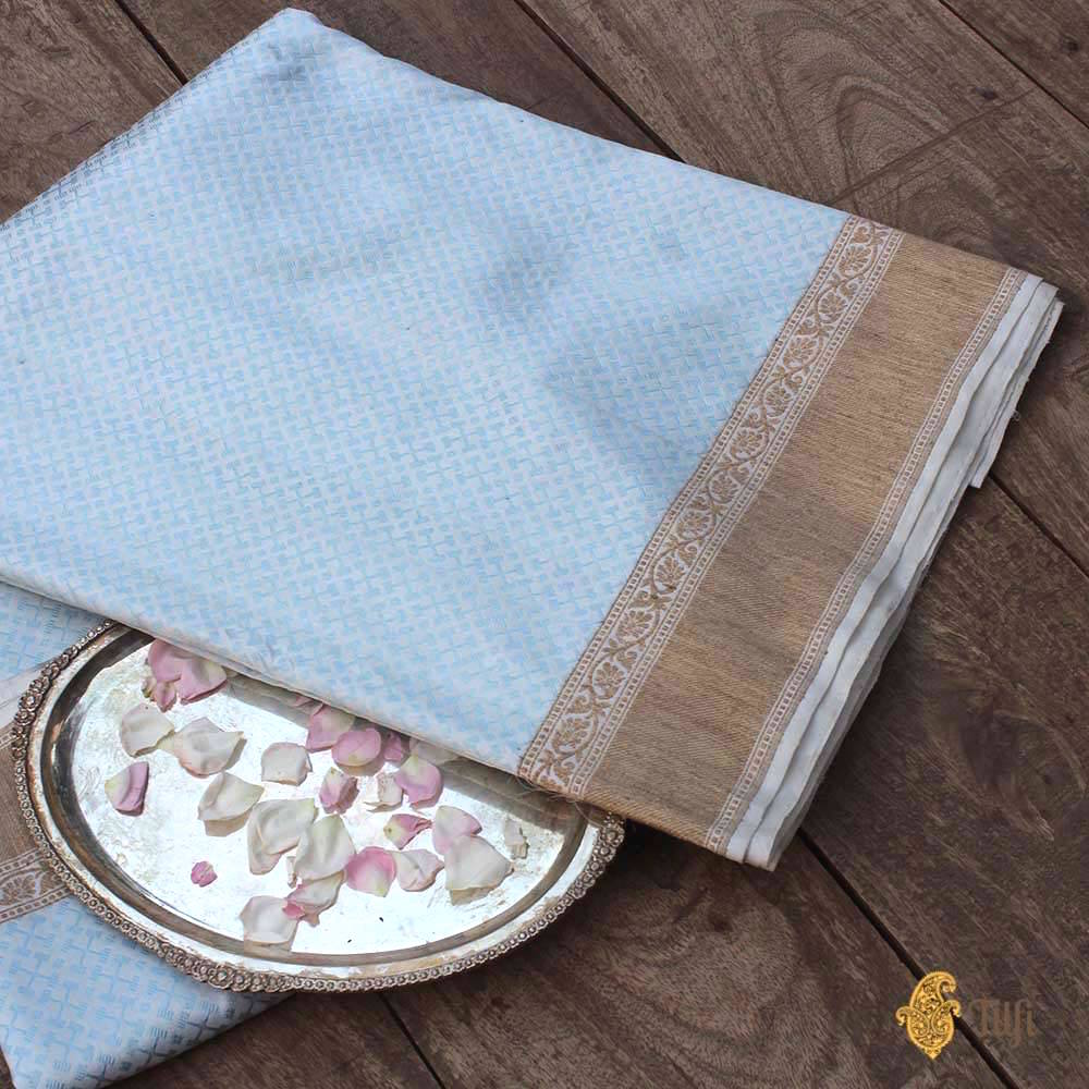 Off-White - Light Blue Pure Katan Silk Handwoven Banarasi Saree