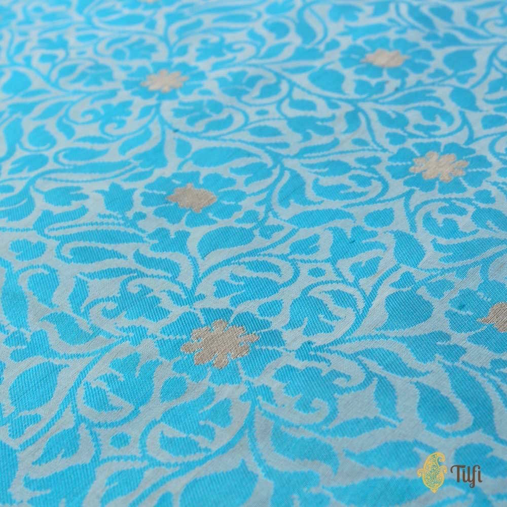 Ferozi Blue-Off White Pure Katan Silk Banarasi Handloom Saree