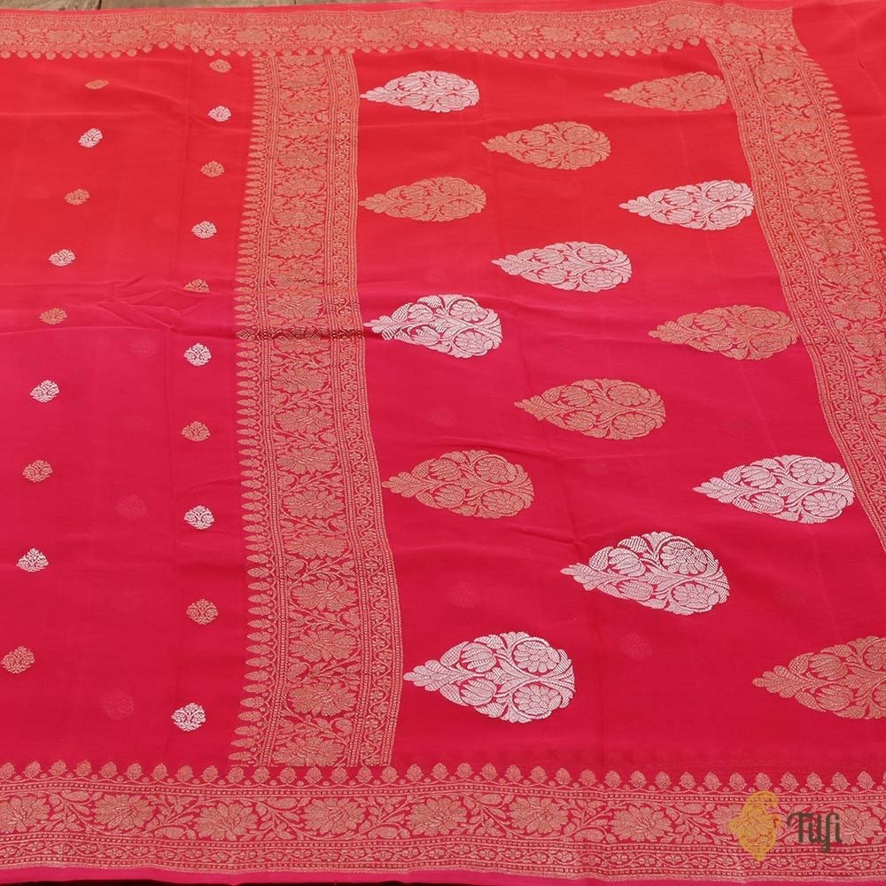 Red-Pink Ombr√© Pure Chiffon Georgette Banarasi Handloom Saree