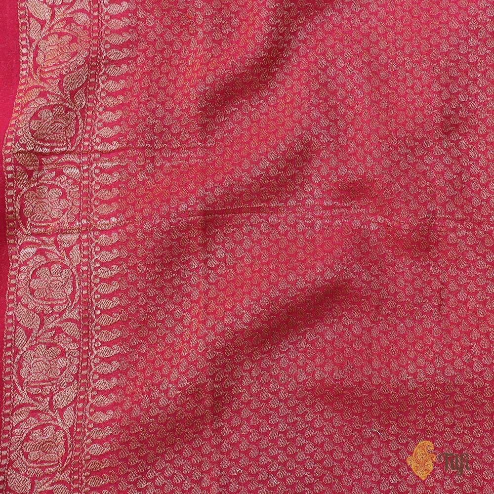 Peach-Strawberry Pink Pure Chiffon Georgette Banarasi Handloom Saree