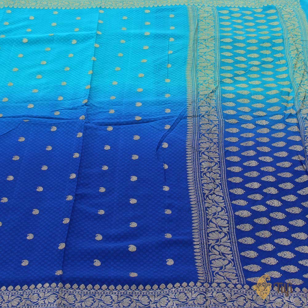 Ferozi Blue-Royal Blue Pure Chiffon Georgette Banarasi Handloom Saree