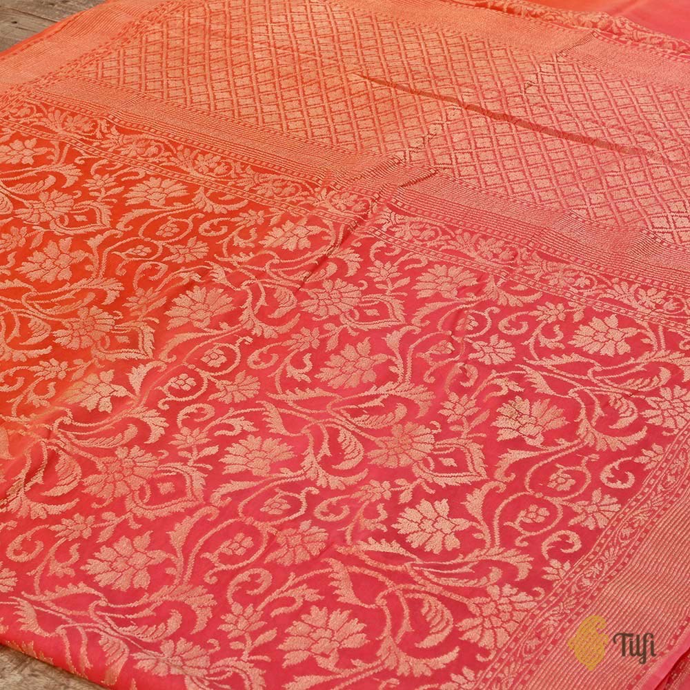 Pink-Orange Ombr√© Pure Chiffon Georgette Banarasi Handloom Saree