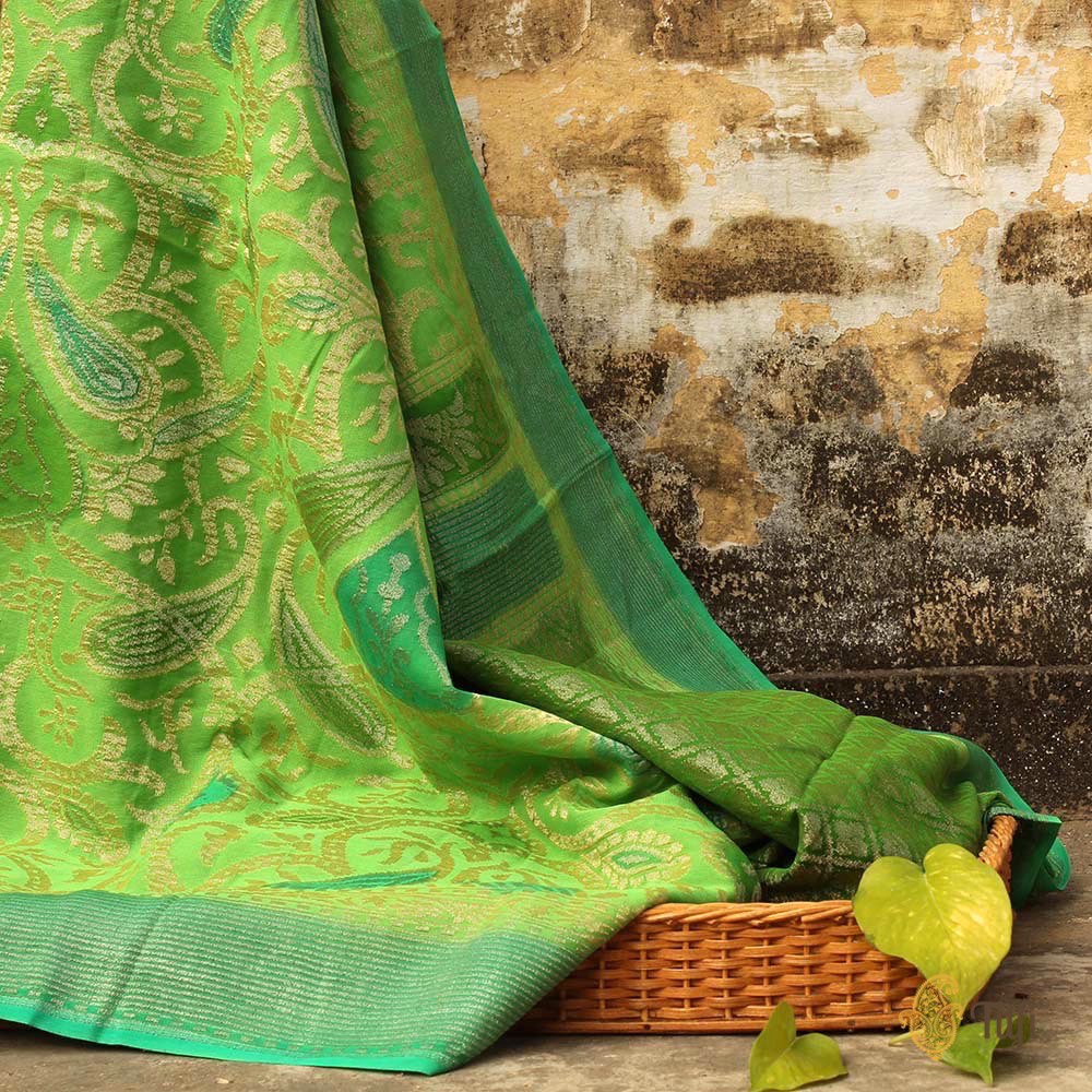 Parrot Green Pure Chiffon Georgette Banarasi Handloom Saree