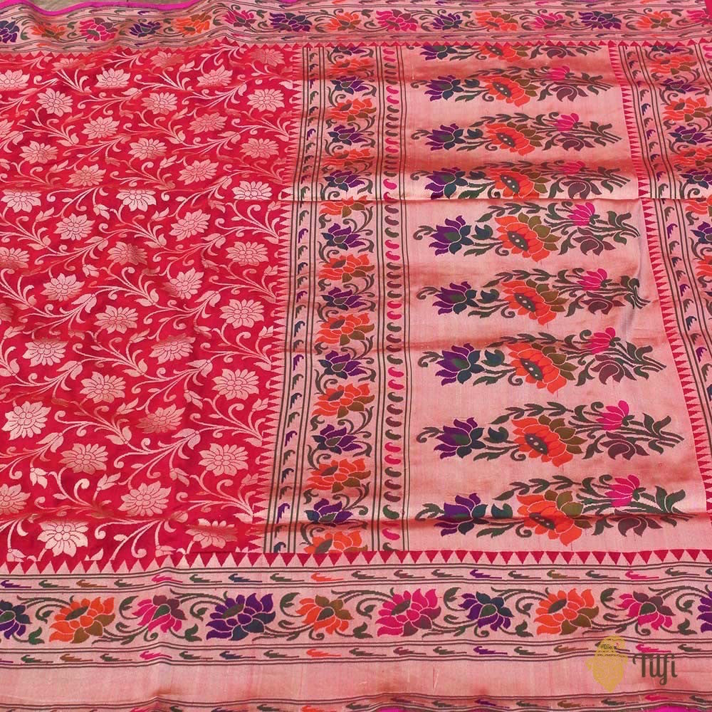 Red-Rani Pink Pure Silk Georgette Banarasi Handloom Saree