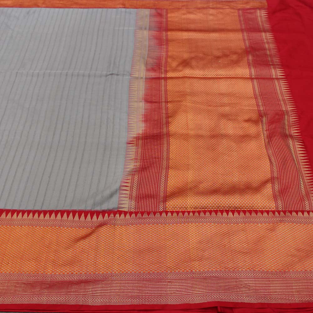 Grey and Red Pure Katan Silk Banarasi Handloom Saree