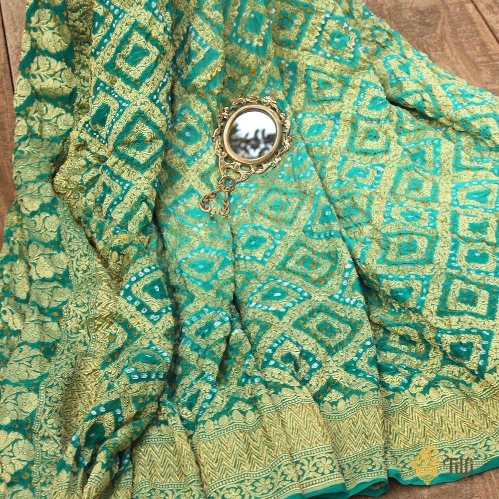 Turquoise Blue-Green Pure Georgette Banarasi Bandhani Handloom Saree