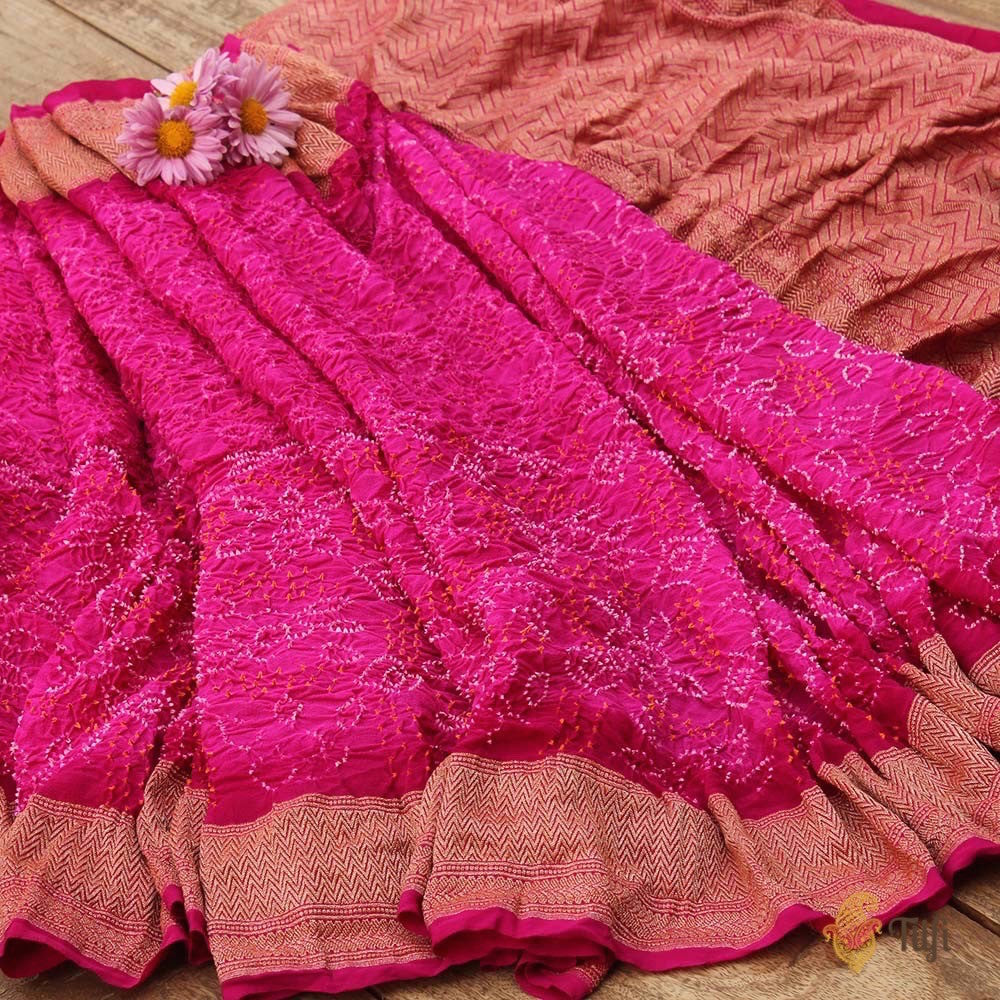 Rani Pink Ombre Pure Georgette Banarasi Bandhani Handloom Saree