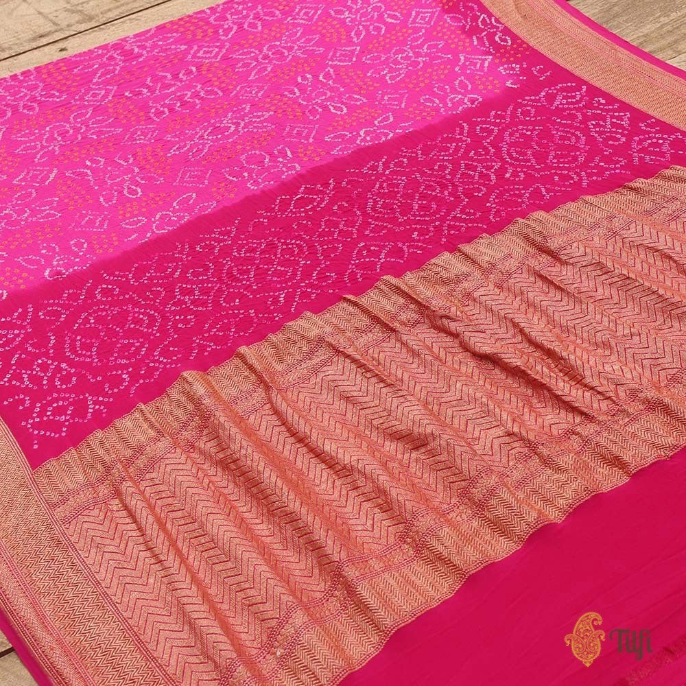 Rani Pink Ombre Pure Georgette Banarasi Bandhani Handloom Saree