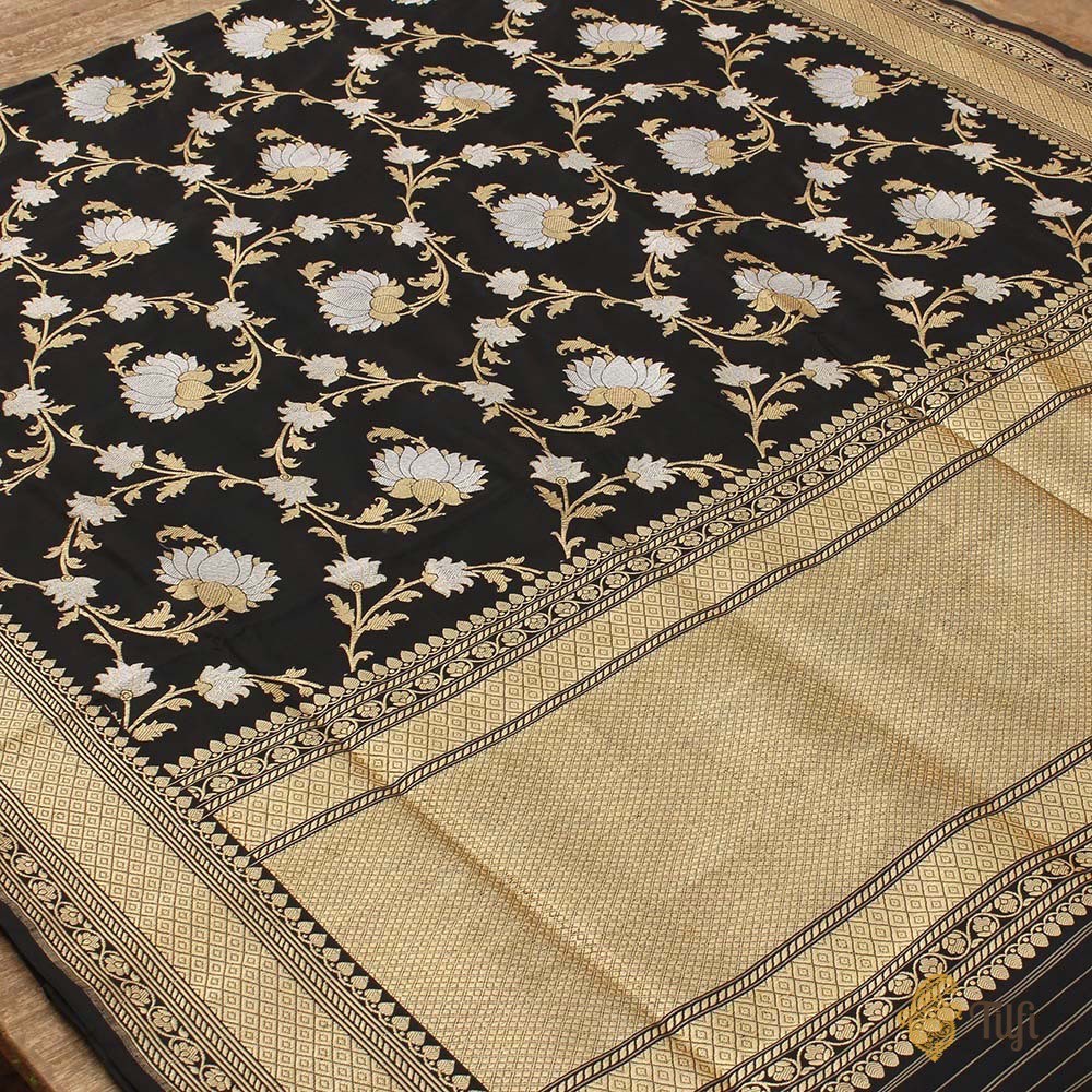 Black Pure Katan Silk Banarasi Handloom Kadwa Saree