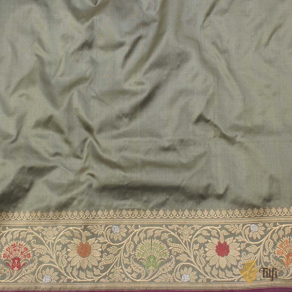Greyish-Green Pure Katan Silk Banarasi Handloom Saree