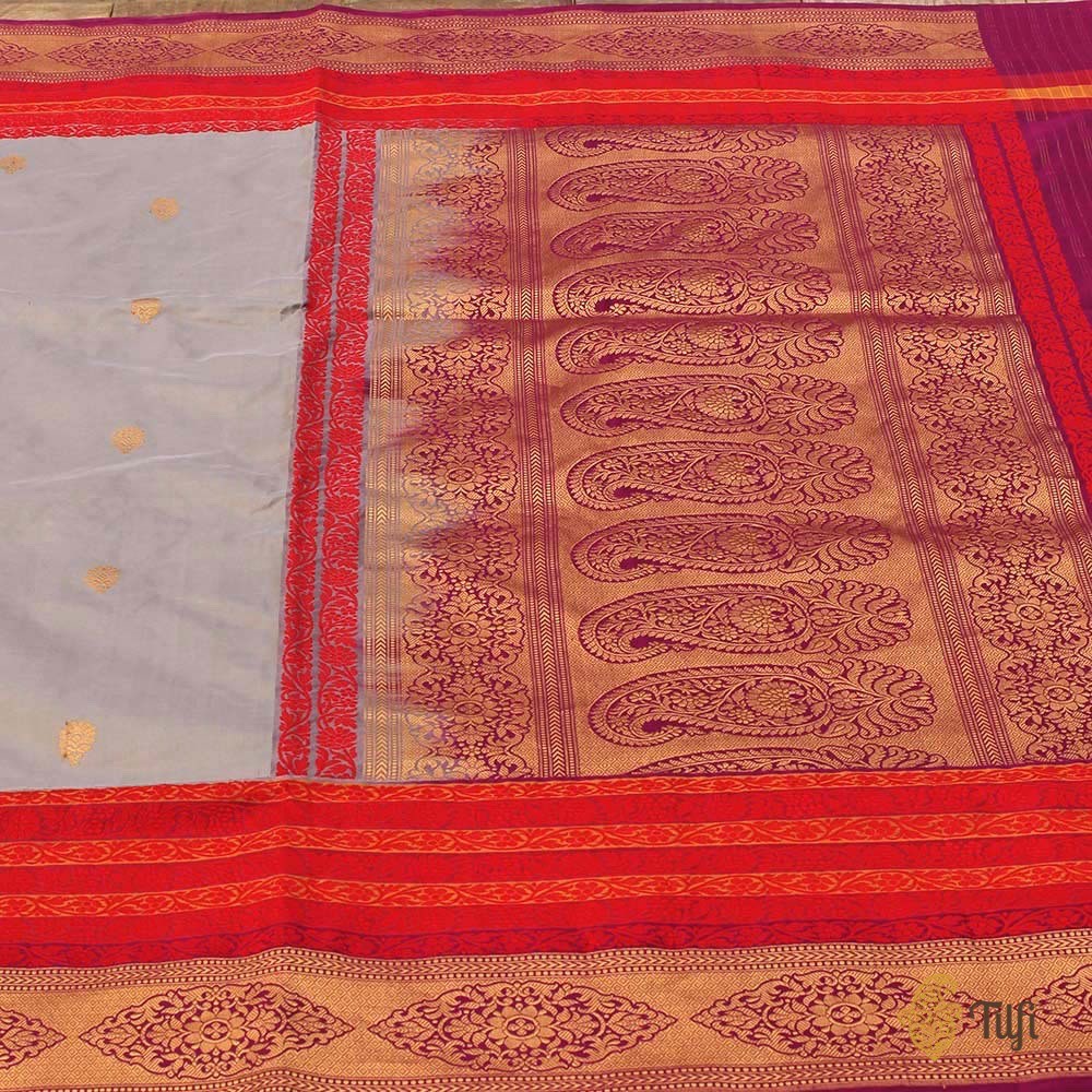 Grey-Red Pure Katan Silk Banarasi Handloom Saree