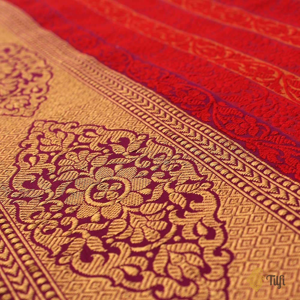 Grey-Red Pure Katan Silk Banarasi Handloom Saree