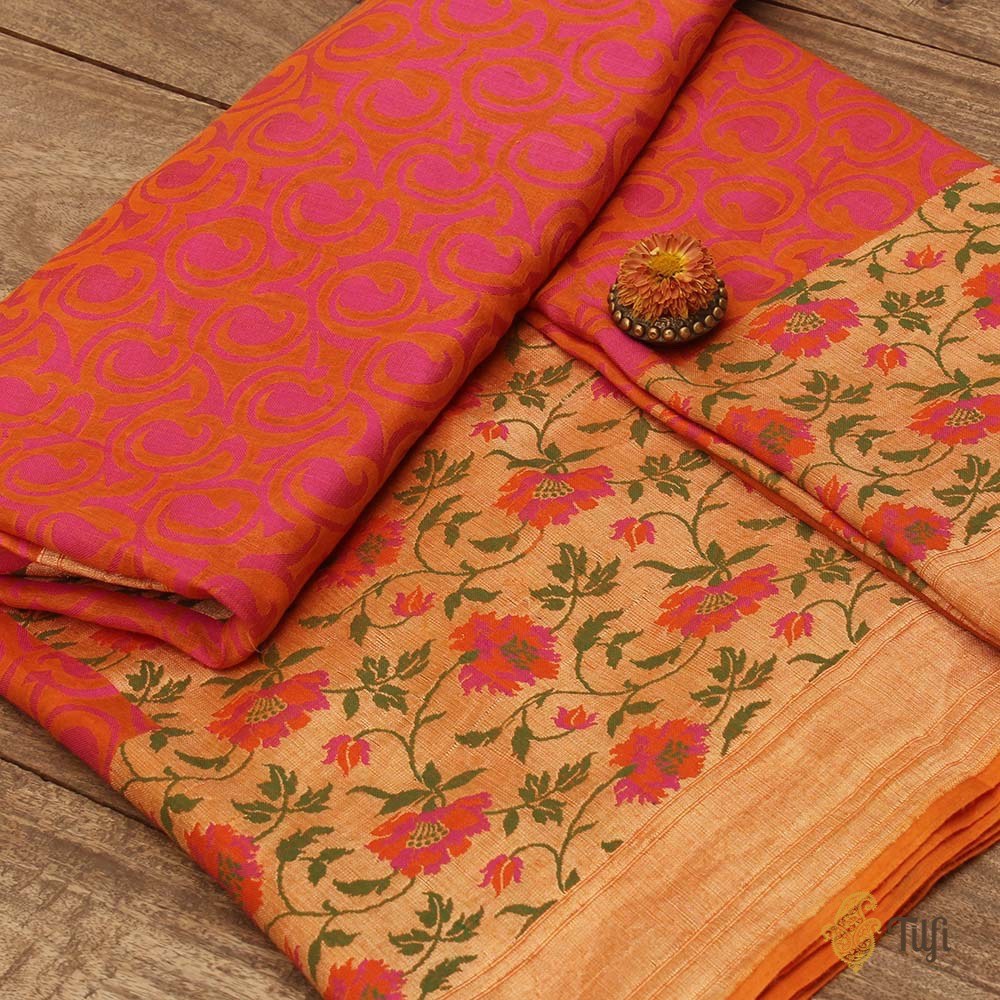 Orange-Pink Pure Chiffon Georgette Banarasi Handloom Saree