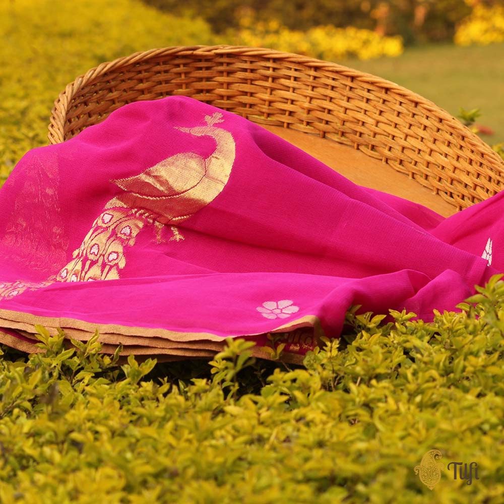 Magenta Pink Pure Chiffon Georgette Banarasi Handloom Saree