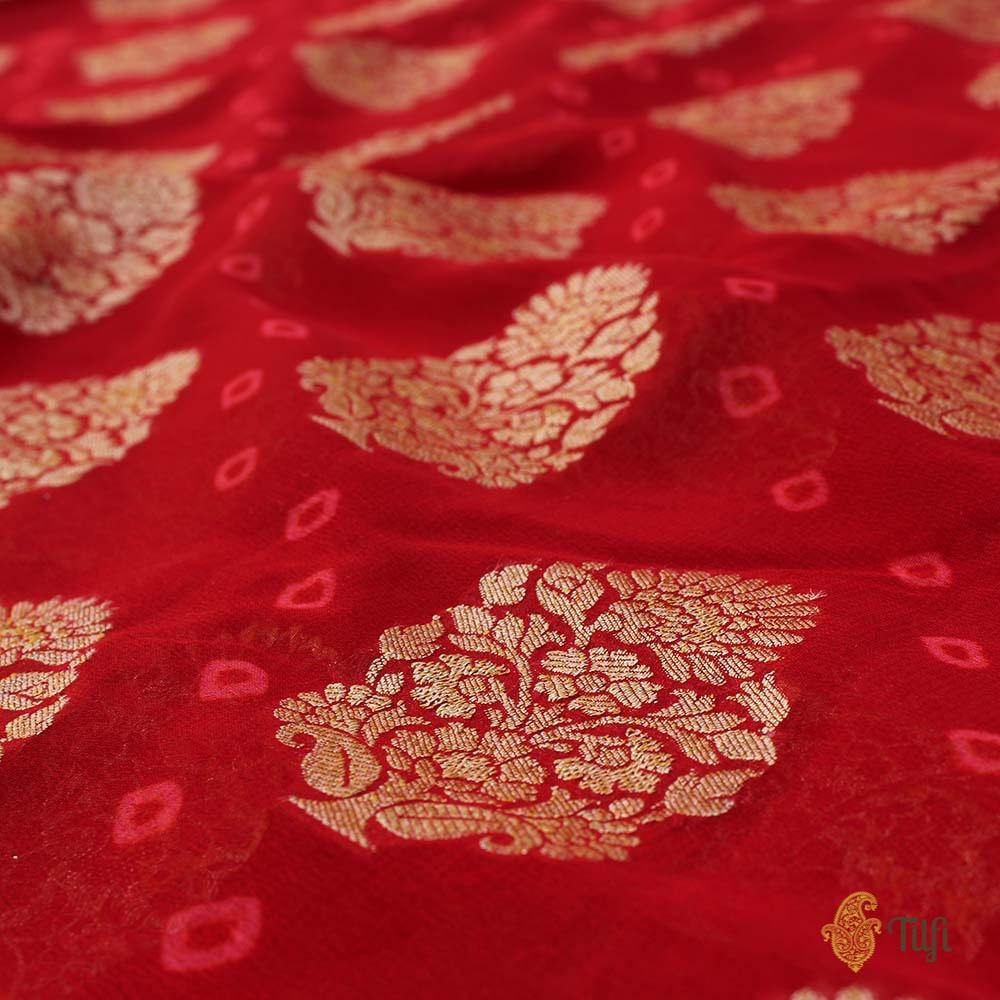 Deep Red Pure Georgette Banarasi Bandhani Handloom Saree